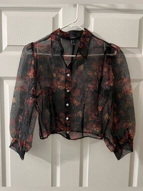 Sheer Floral Button-Front Blouse